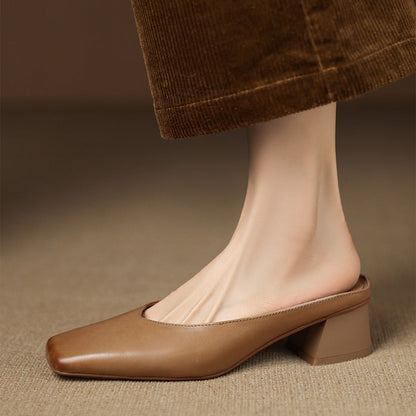 Velen Genuine Leather Square Toe Mule Heels