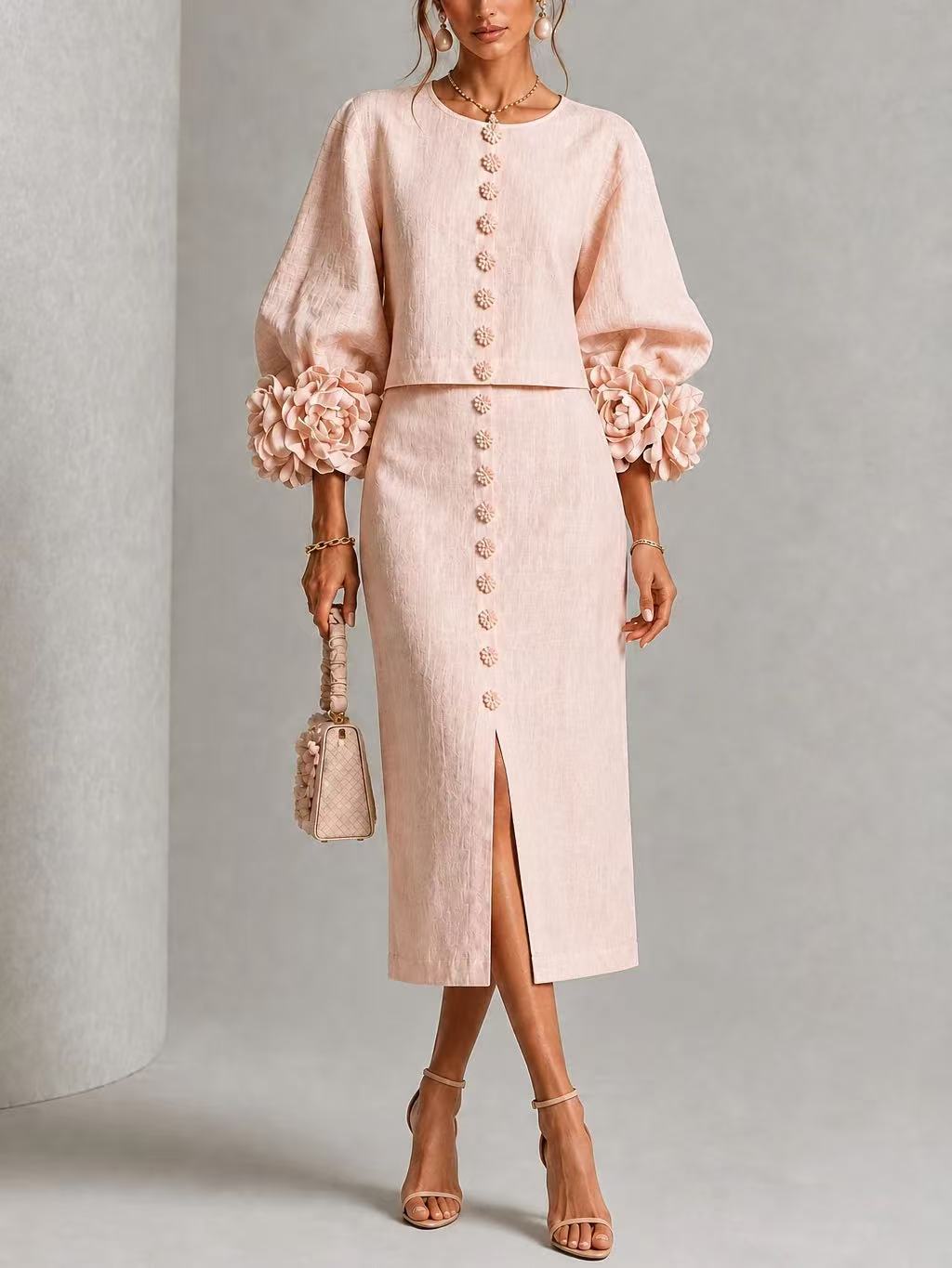 Rosie Floral Bishop Sleeve Button-Front Midi Dress