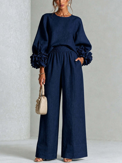 Rosette Sleeve Wide Leg Two-Piece Set