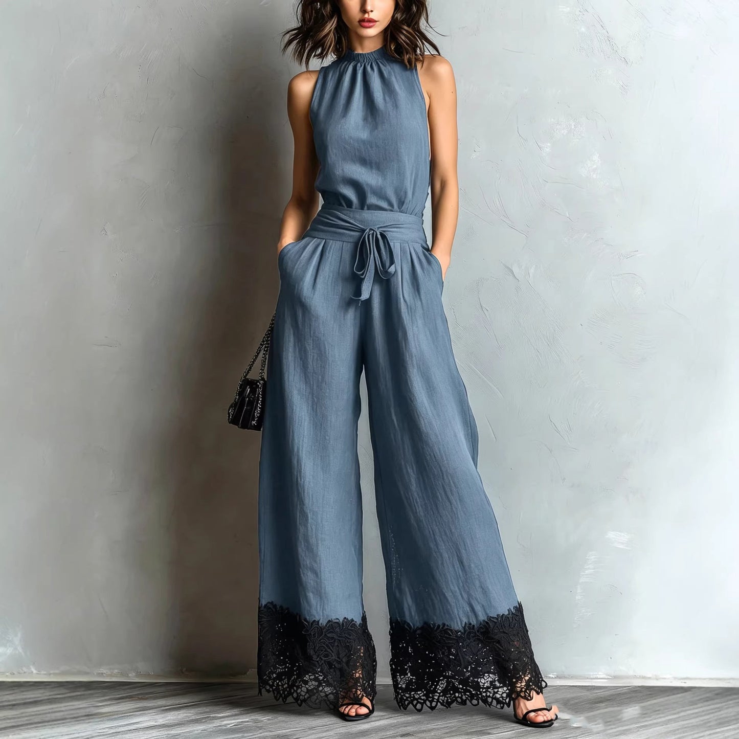 Halter Neck Lace-Trim Wide Leg Belted Jumpsuit