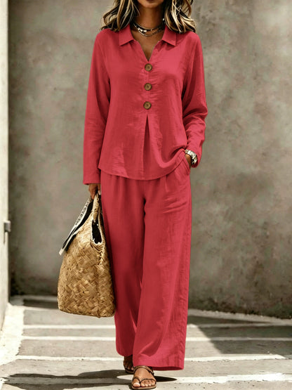 Cotton Button-Front Wide Leg Two-Piece Set