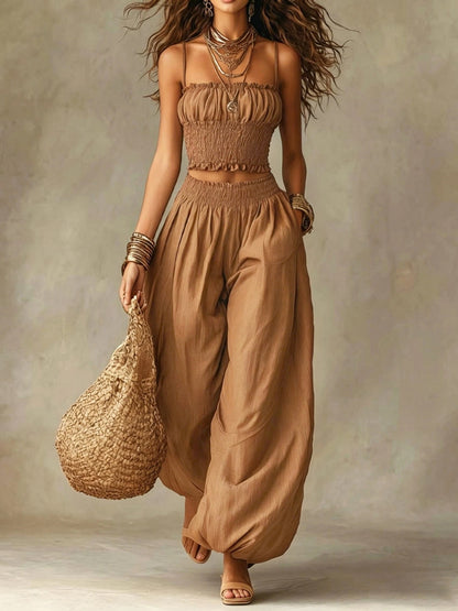 Smocked Crop Top Wide Leg Two-Piece Pants Set