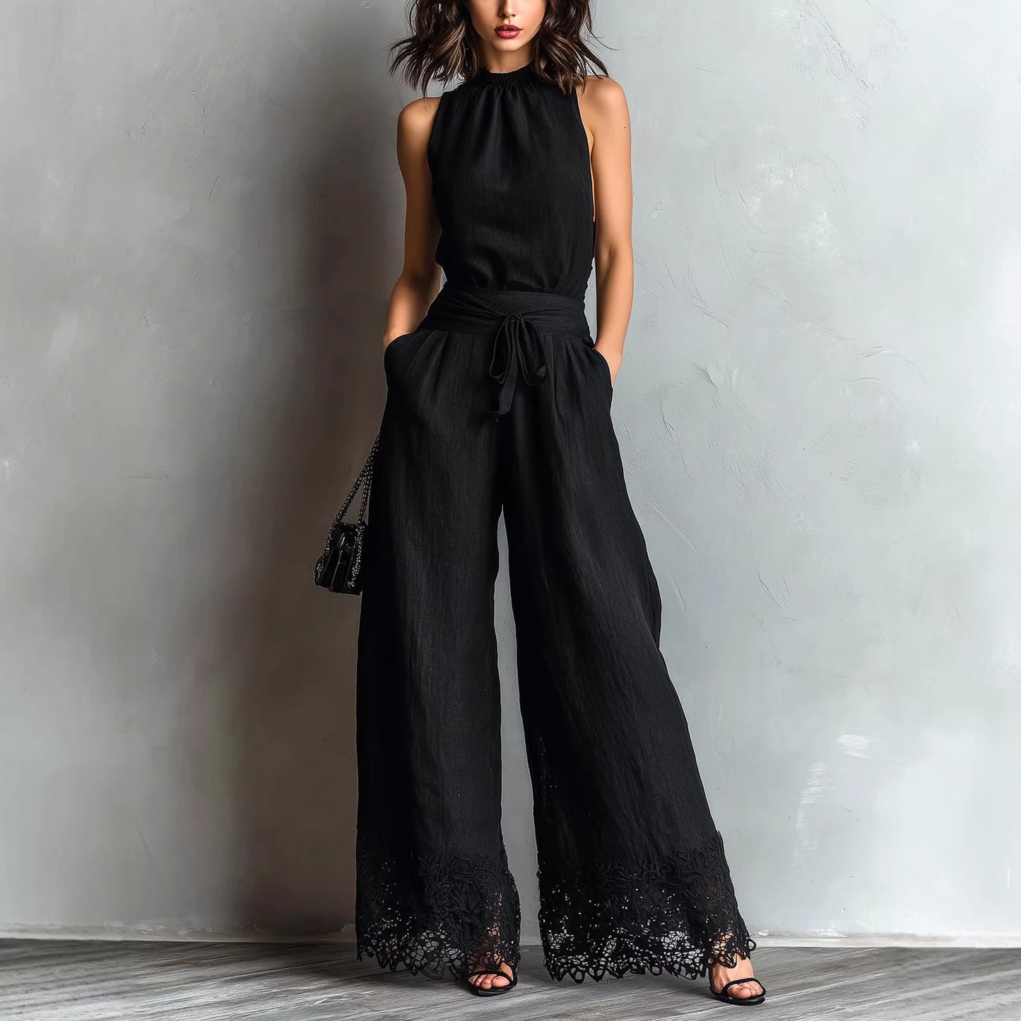 Halter Neck Lace-Trim Wide Leg Belted Jumpsuit