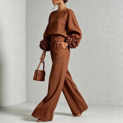 Rosette Sleeve Wide Leg Two-Piece Set
