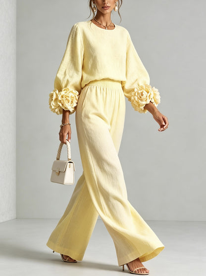 Rosette Sleeve Wide Leg Two-Piece Set