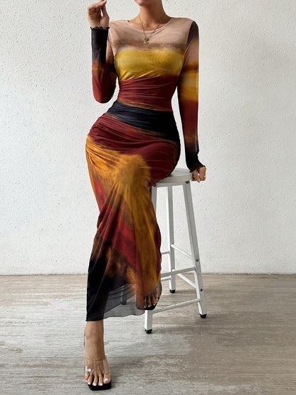 TORINA™ - Comfy Printed Long Sleeve Round Neck Bodycon Maxi Dress