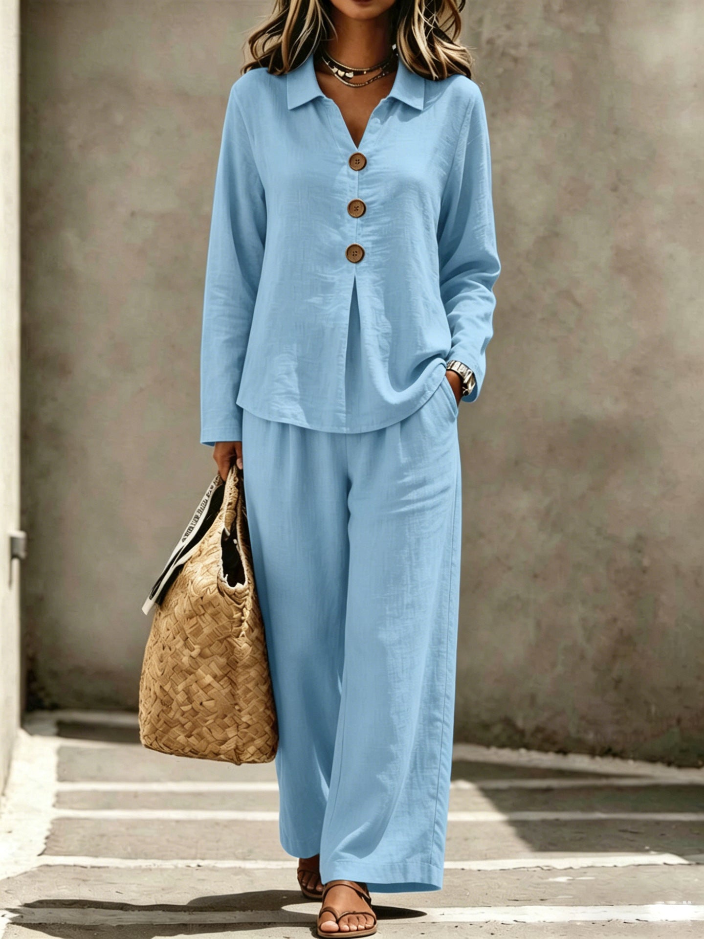 Cotton Button-Front Wide Leg Two-Piece Set
