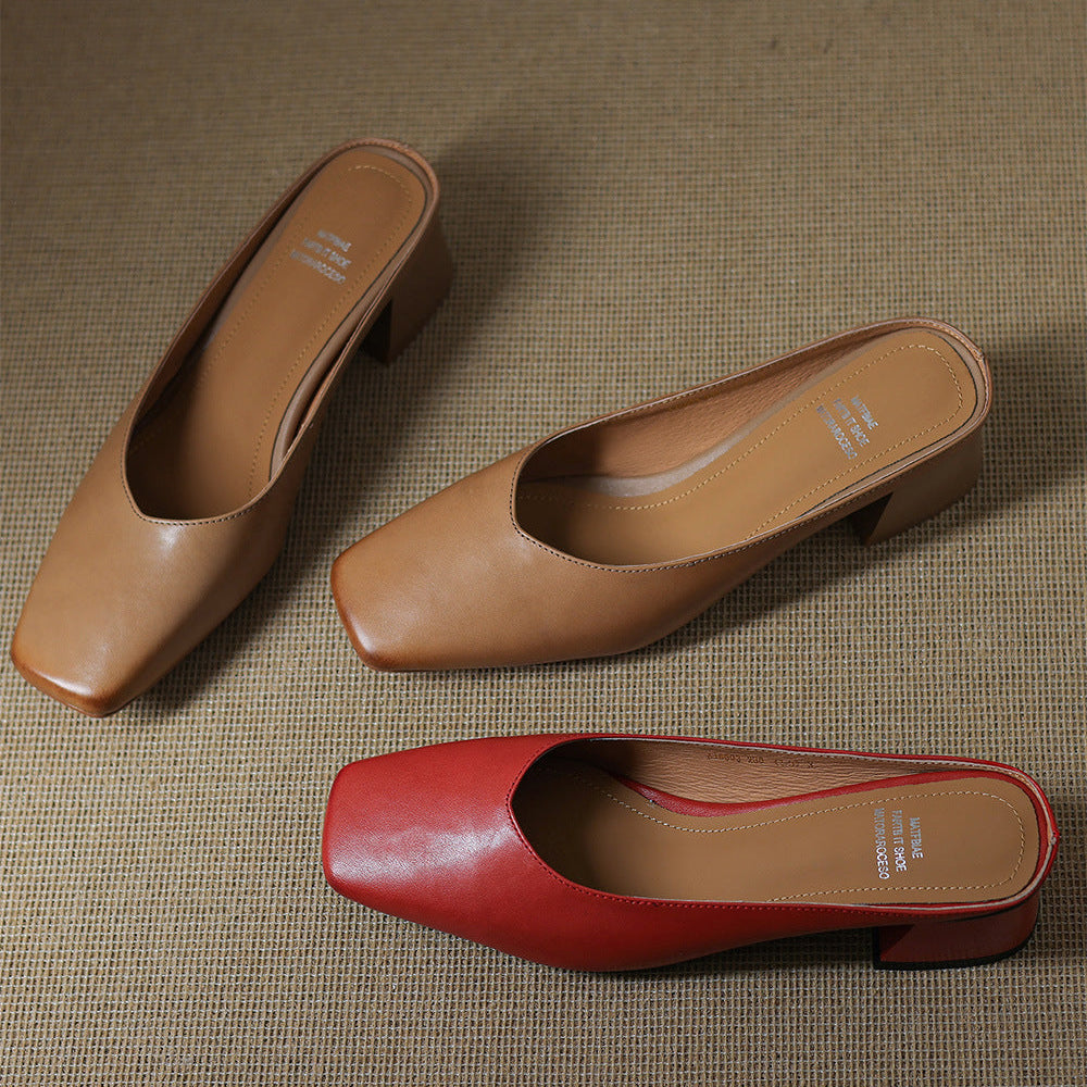 Velen Genuine Leather Square Toe Mule Heels