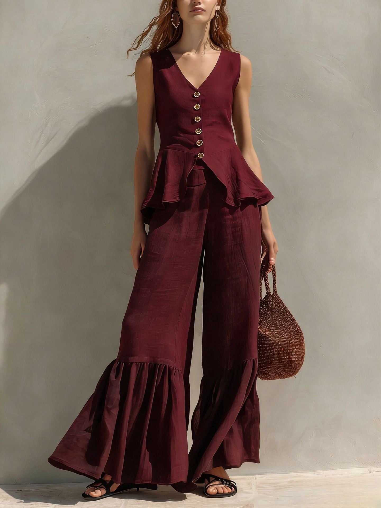 Button-Front Peplum Ruffle Wide Leg Two-Piece Set