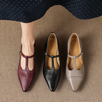 Boria Genuine Leather T-strap Heels