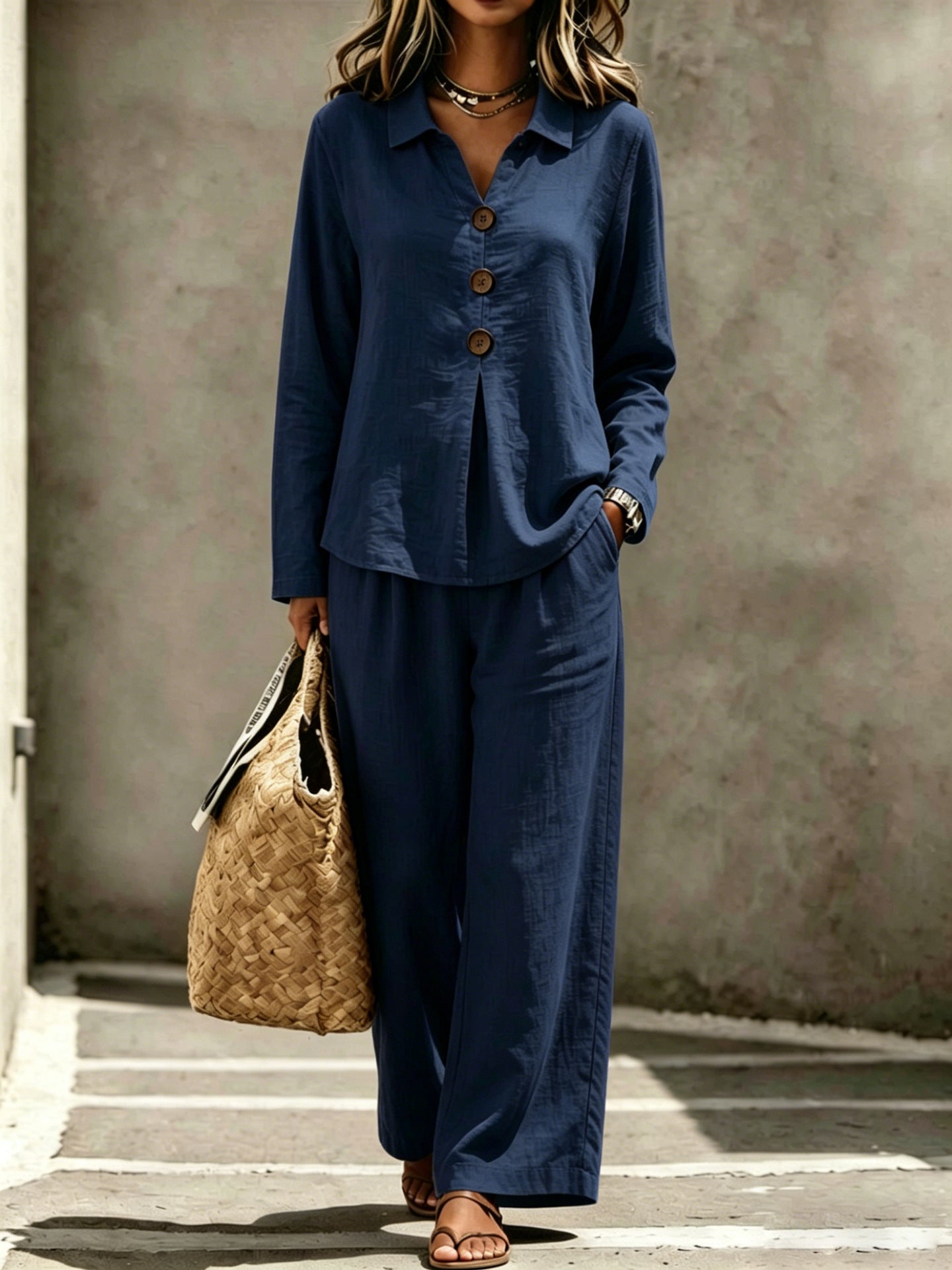 Cotton Button-Front Wide Leg Two-Piece Set