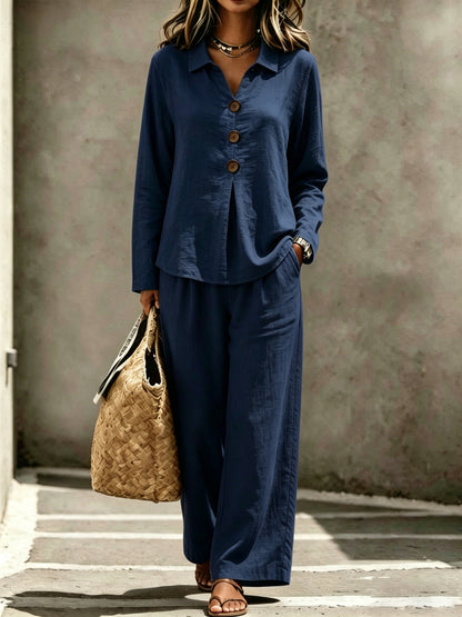 Cotton Button-Front Wide Leg Two-Piece Set