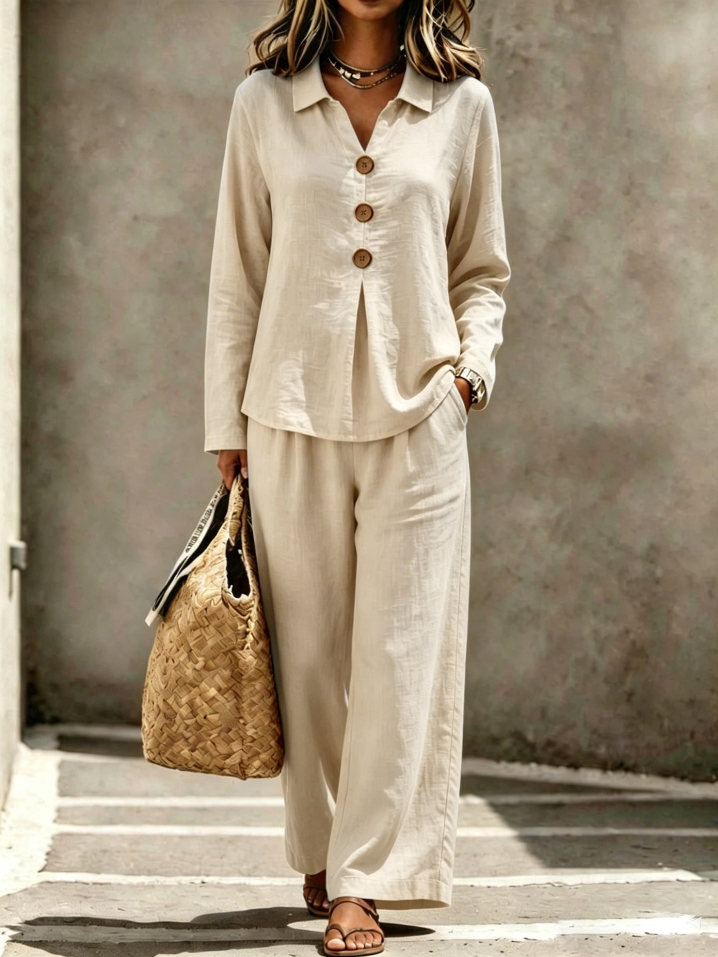 Cotton Button-Front Wide Leg Two-Piece Set