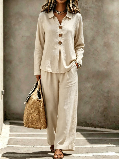Cotton Button-Front Wide Leg Two-Piece Set