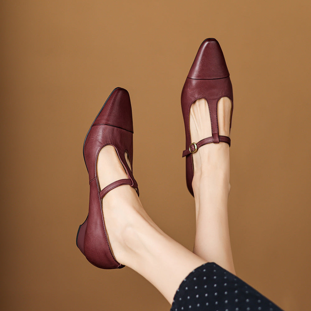 Boria Genuine Leather T-strap Heels