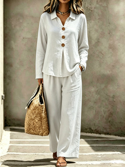Cotton Button-Front Wide Leg Two-Piece Set