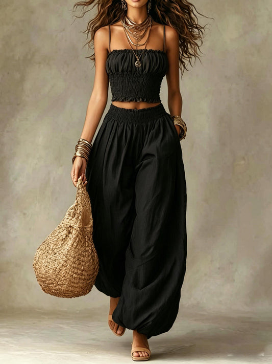 Smocked Crop Top Wide Leg Two-Piece Pants Set