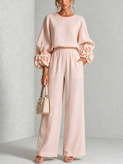 Rosette Sleeve Wide Leg Two-Piece Set