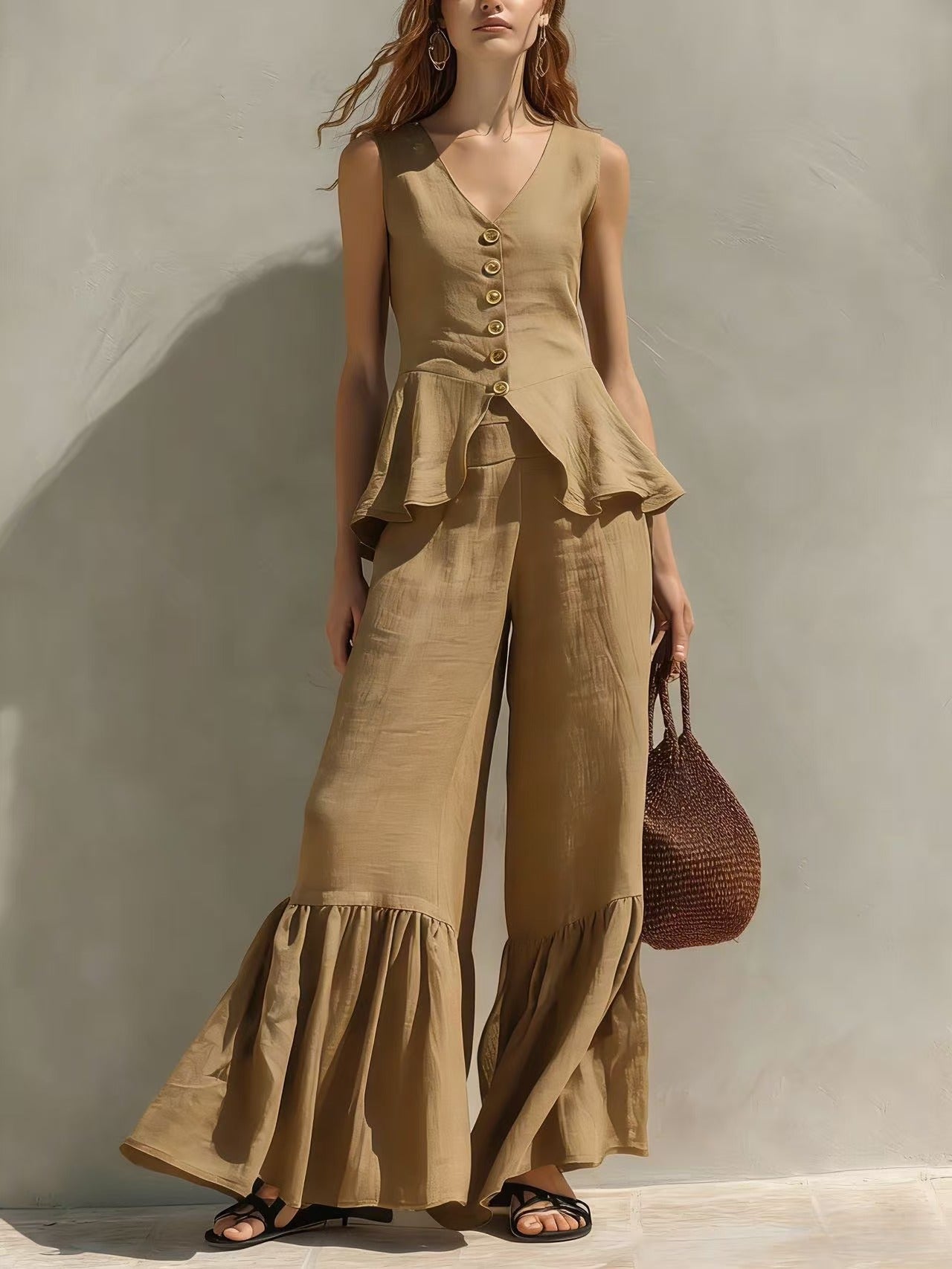 Button-Front Peplum Ruffle Wide Leg Two-Piece Set