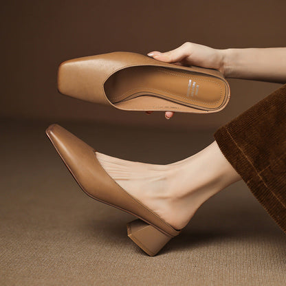 Velen Genuine Leather Square Toe Mule Heels