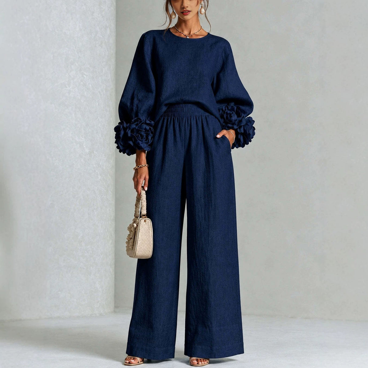 Rosette Sleeve Wide Leg Two-Piece Set