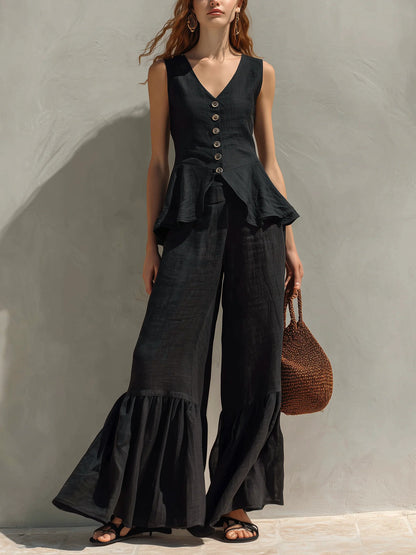 Button-Front Peplum Ruffle Wide Leg Two-Piece Set