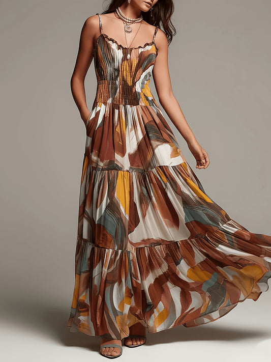Abstract Print Smocked Tiered Maxi Dress