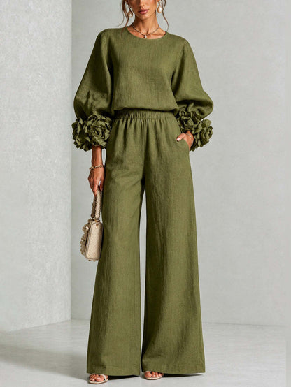 Rosette Sleeve Wide Leg Two-Piece Set