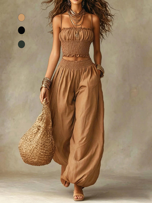 Smocked Crop Top Wide Leg Two-Piece Pants Set