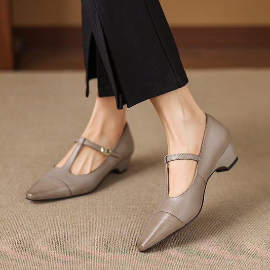 Boria Genuine Leather T-strap Heels