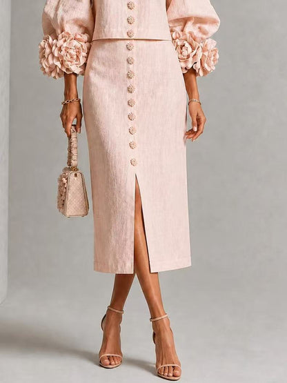 Rosie Floral Bishop Sleeve Button-Front Midi Dress