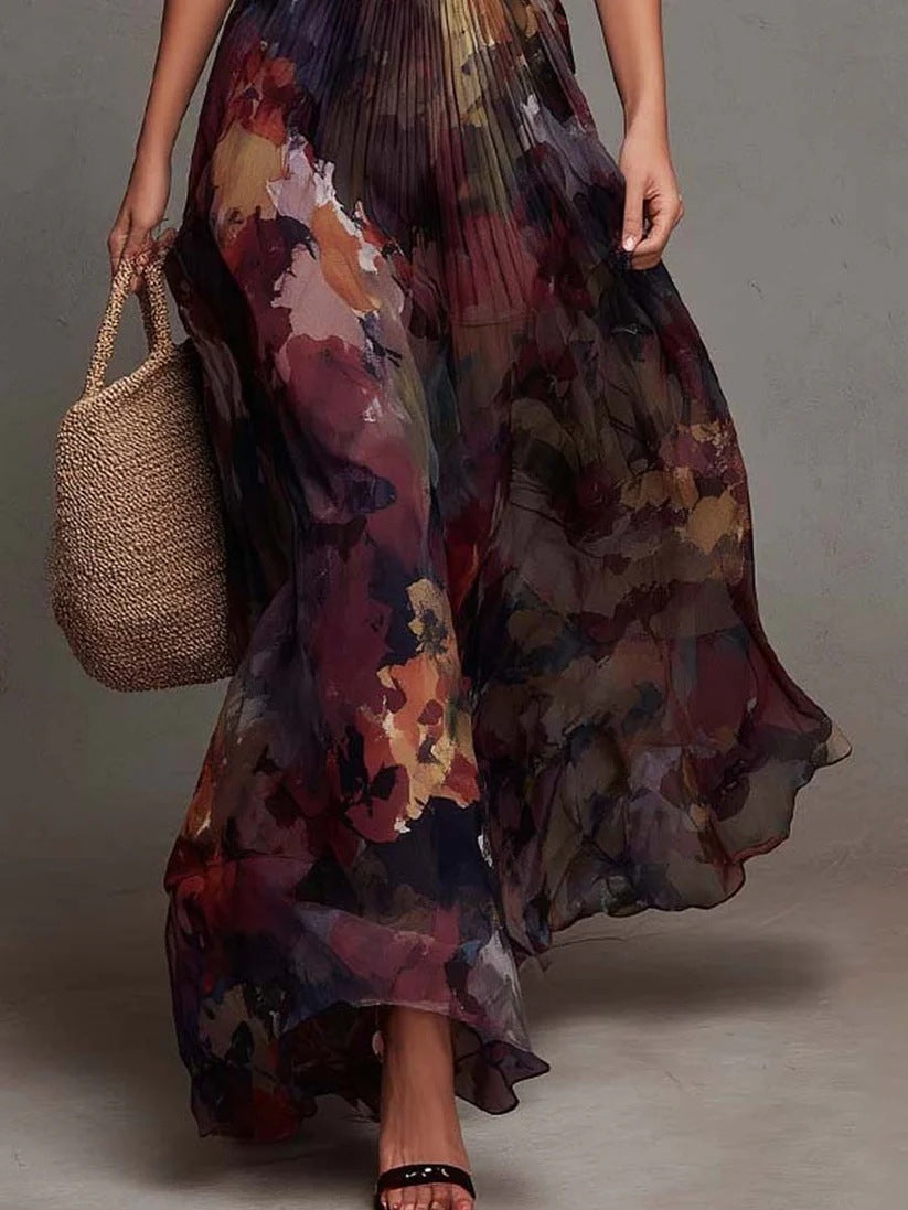 Watercolor Floral Pleated V-Neck Maxi Dress