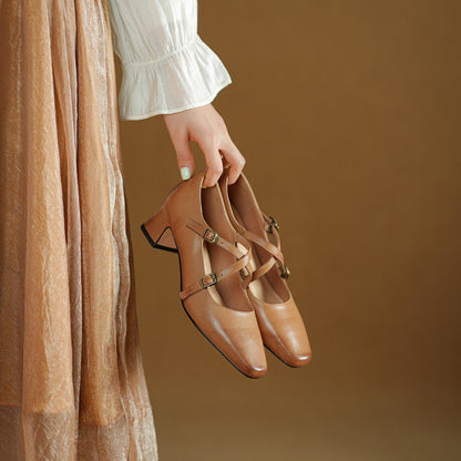 Ceren Genuine Leather Crisscross Strap Heels