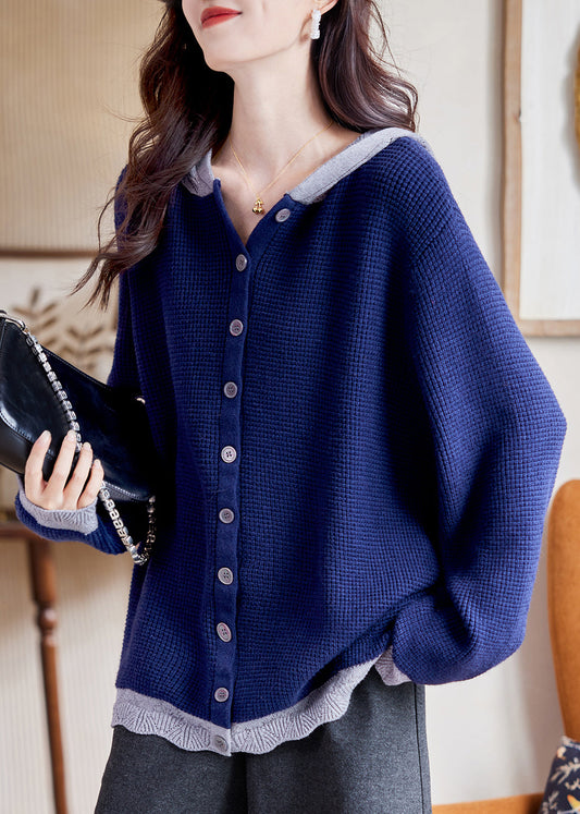 Plus Size Blue Patchwork Button Cotton Hooded Knit Cardigan Fall