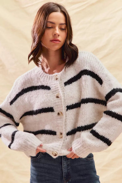 Striped Button-Down Winter Cardigan - Classic Knit Sweater