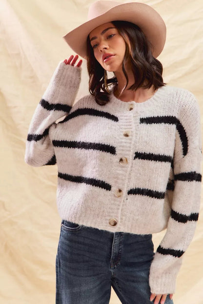 Striped Button-Down Winter Cardigan - Classic Knit Sweater