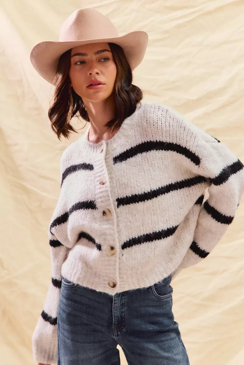 Striped Button-Down Winter Cardigan - Classic Knit Sweater