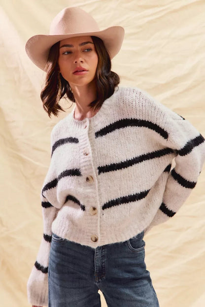 Striped Button-Down Winter Cardigan - Classic Knit Sweater