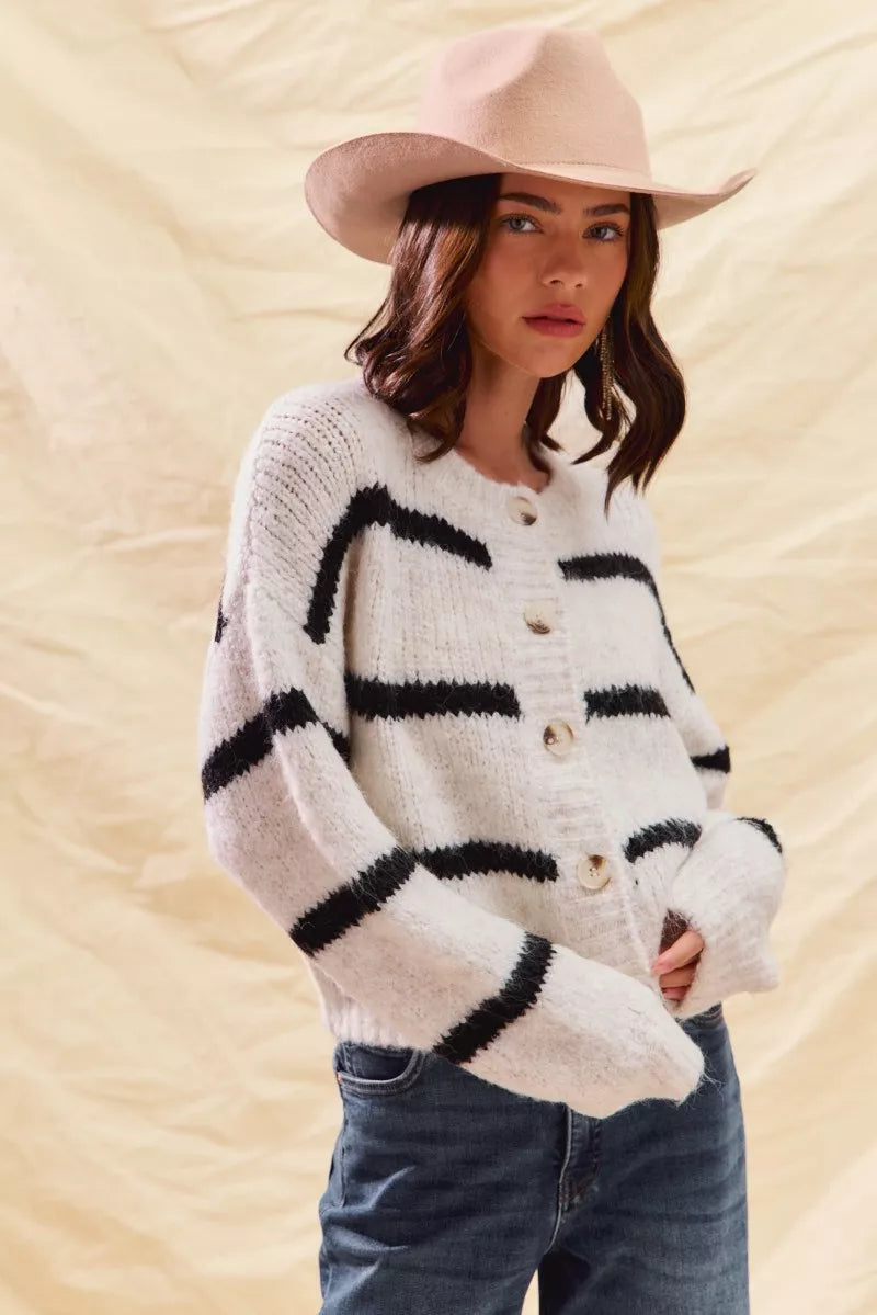 Striped Button-Down Winter Cardigan - Classic Knit Sweater