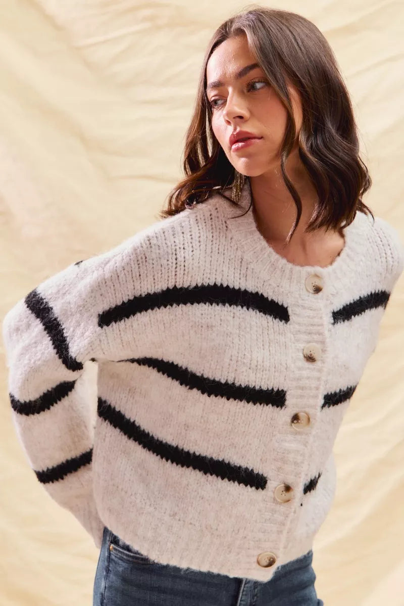 Striped Button-Down Winter Cardigan - Classic Knit Sweater