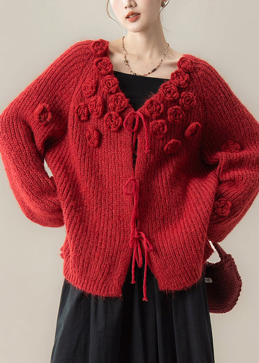 Red Floral Lace Up Knit Loose Cardigan V Neck