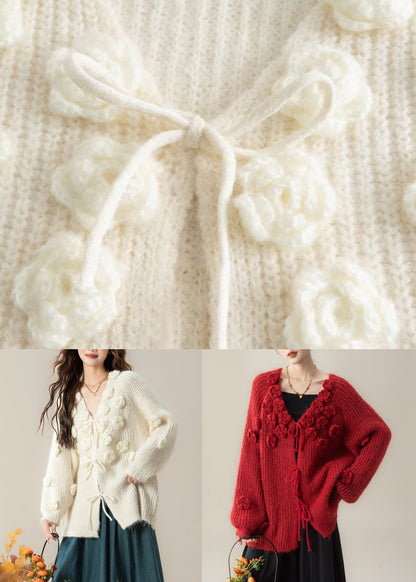 Red Floral Lace Up Knit Loose Cardigan V Neck