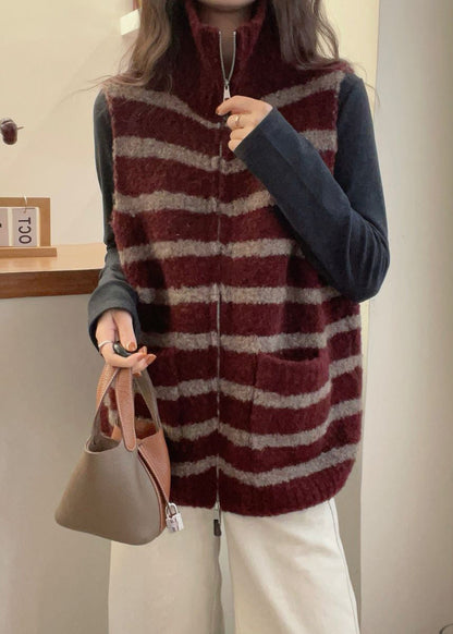 Red Pockets Patchwork Knit Sleeveless Waistcoat Zip Up