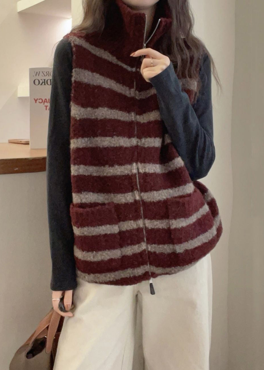 Red Pockets Patchwork Knit Sleeveless Waistcoat Zip Up