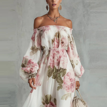 Payton | Off-Shoulder Floral Maxi Dress, Long Sleeves