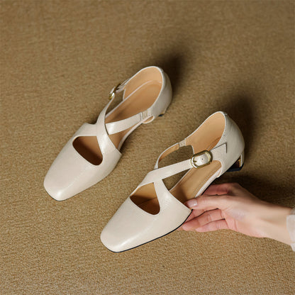 Rela Genuine Leather Cross-Strap Pumps