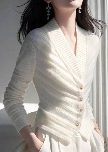 Slim Fit White V Neck Button Knit Cardigan Fall