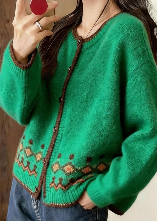 Stylish Green O-Neck Print Button Cotton Knit Cardigan Spring