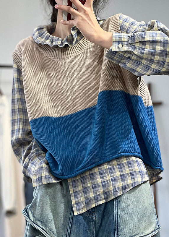 Women Blue O Neck Patchwork Cozy Knit Waistcoat Sleeveless