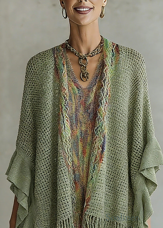 Women Green V Neck Knit Cardigan Batwing Sleeve